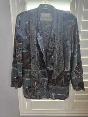 Vintage Patterned Open-Front Women's Jacket in Teal & Brown